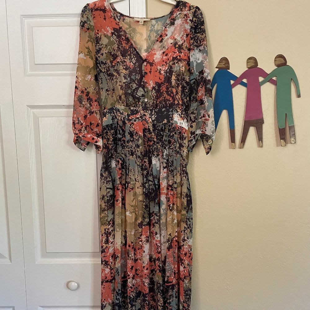 🌻Maxi Dress, Anthropologie, Size 2, Floral Print, Peach, Blue, Green, Brown